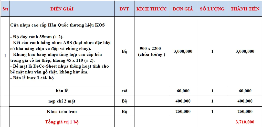 Giá cửa nhựa phòng ngủ tại Tây Ninh